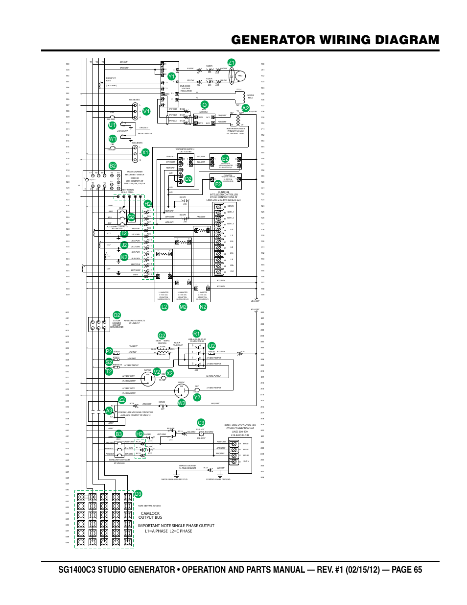 Generator wiring diagram, U1 v1 z1 a2 o, Camlock | Multiquip SG1400C3-55748 User Manual | Page 65 / 116