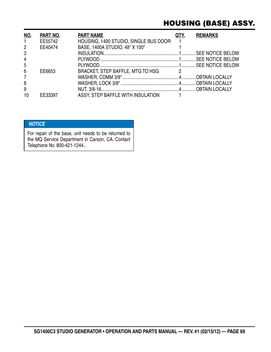 Housing (base) assy | Multiquip SG1400C3-55748 User Manual | Page 69 / 116