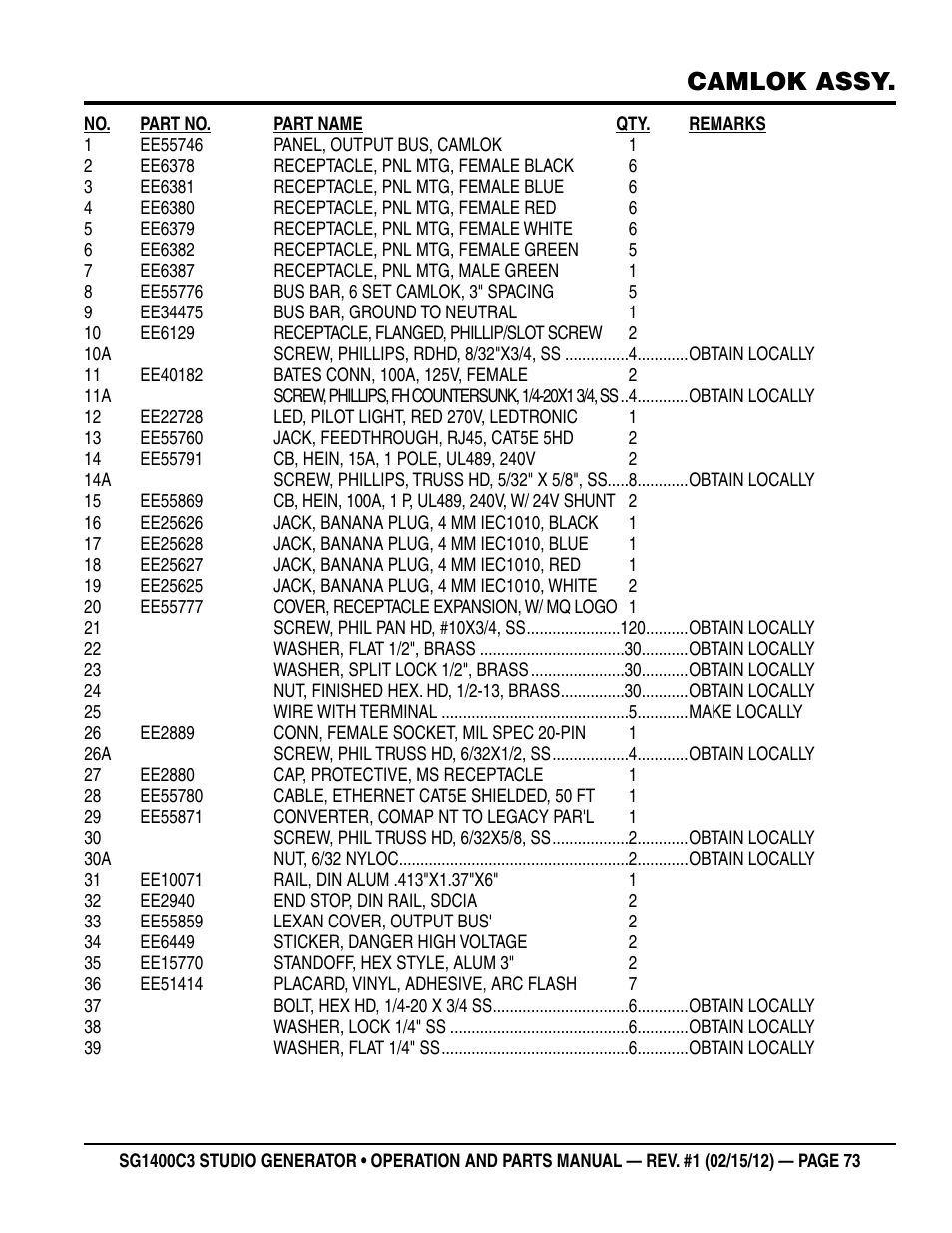 Camlok assy | Multiquip SG1400C3-55748 User Manual | Page 73 / 116