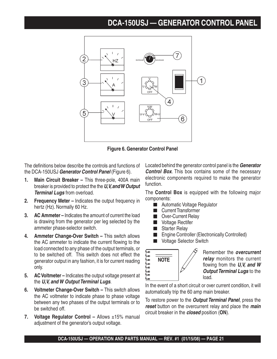 1dca-150usj — generator control panel | Multiquip DCA150USJ User Manual | Page 21 / 86