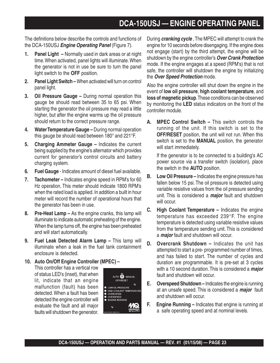 1dca-150usj — engine operating panel | Multiquip DCA150USJ User Manual | Page 23 / 86