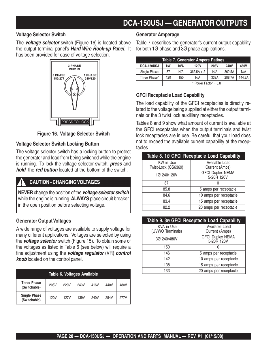 Dca-150usj — generator outputs | Multiquip DCA150USJ User Manual | Page 28 / 86