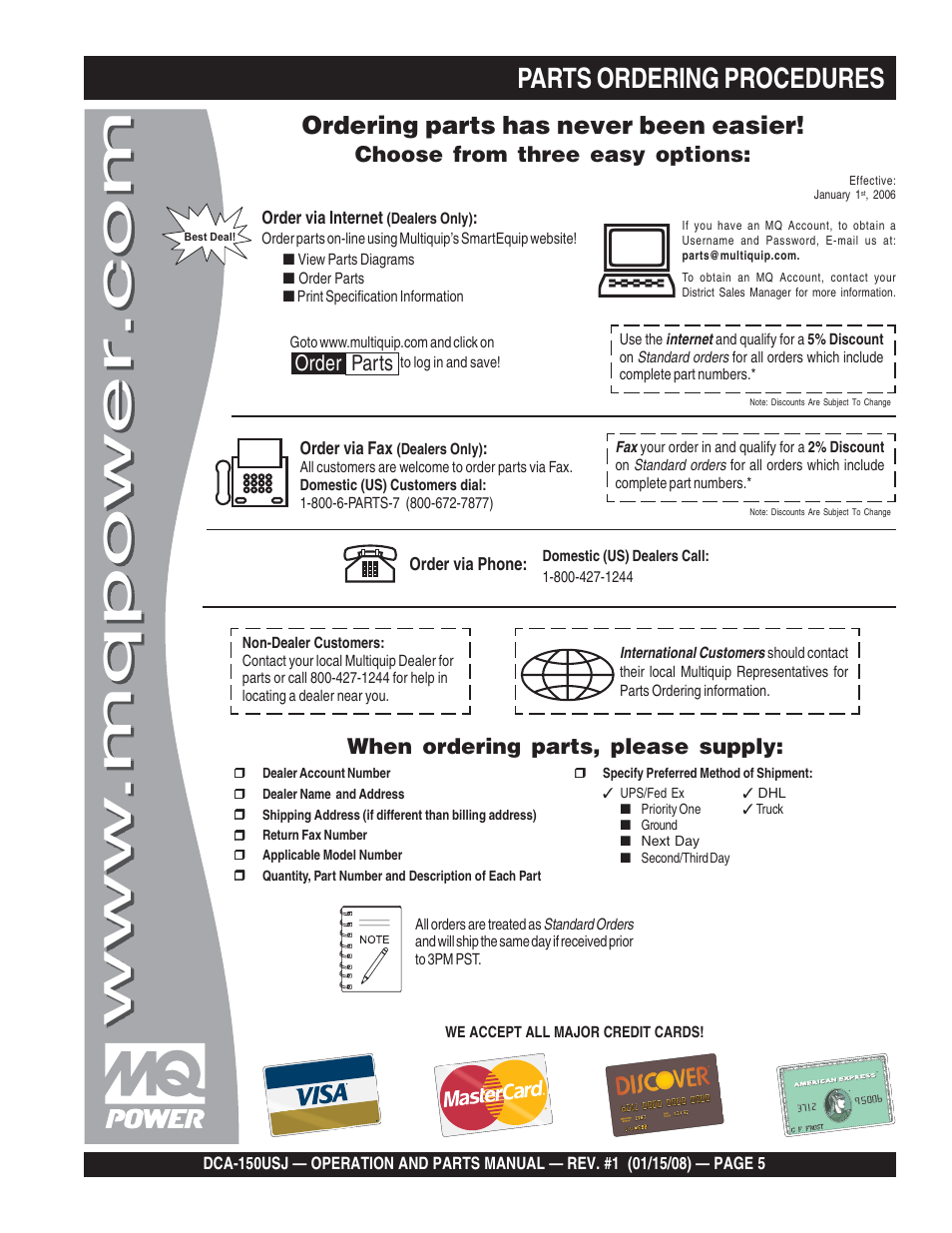 1parts ordering procedures, Ordering parts has never been easier, Choose from three easy options | When ordering parts, please supply, Order parts | Multiquip DCA150USJ User Manual | Page 5 / 86
