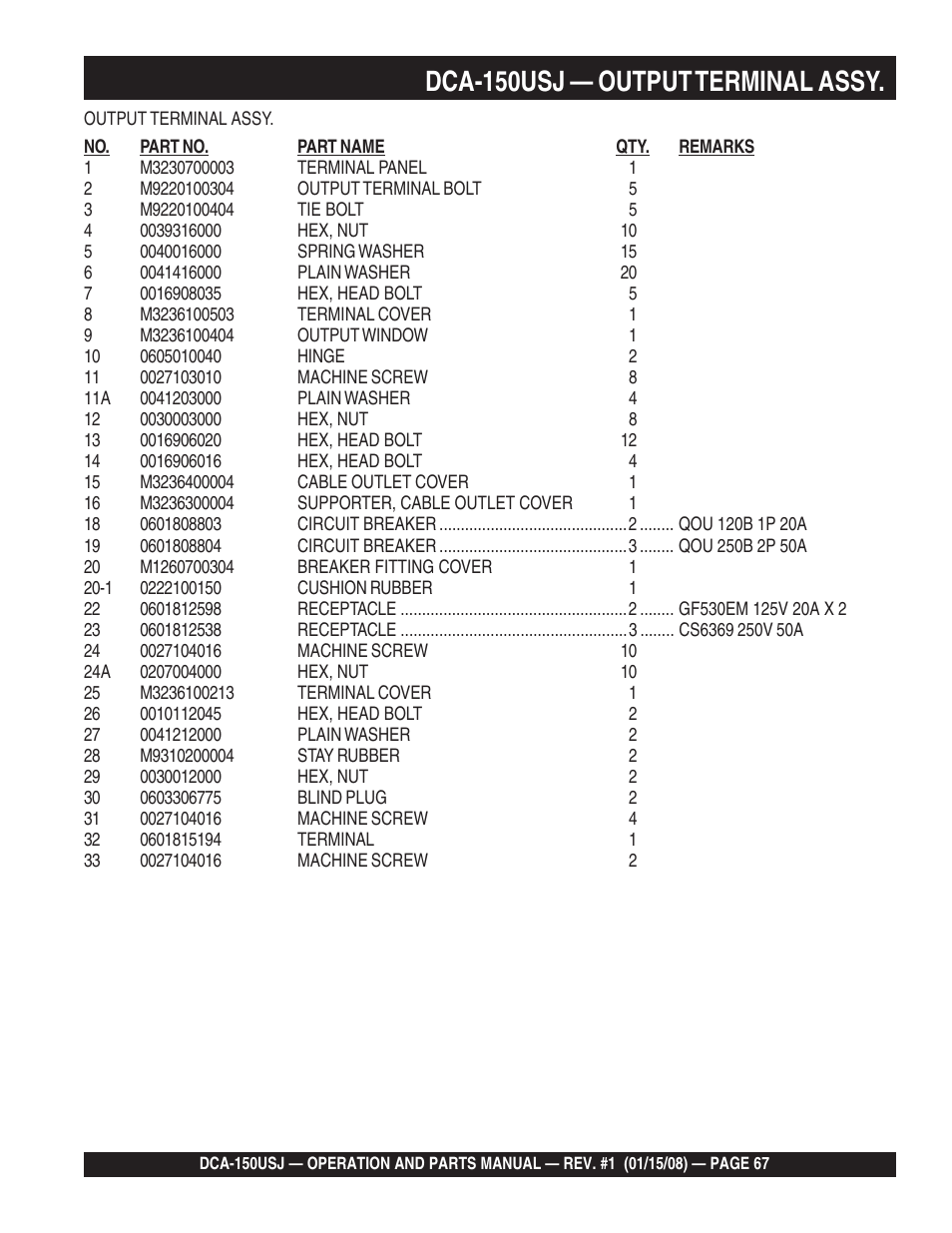 1dca-150usj — output terminal assy | Multiquip DCA150USJ User Manual | Page 67 / 86