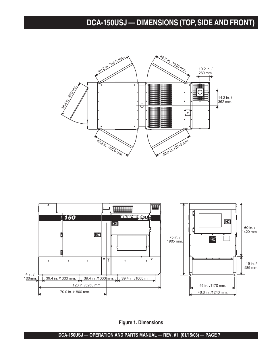 1dca-150usj — dimensions (top, side and front) | Multiquip DCA150USJ User Manual | Page 7 / 86