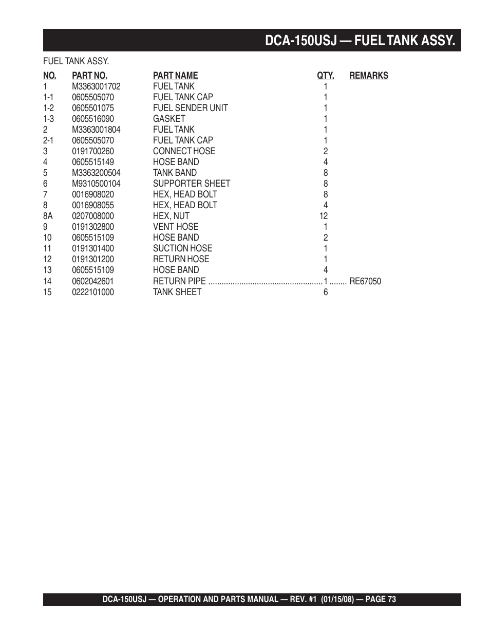 1dca-150usj — fuel tank assy | Multiquip DCA150USJ User Manual | Page 73 / 86