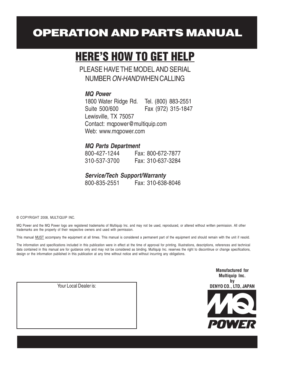 Here’s how to get help, On-hand | Multiquip DCA150USJ User Manual | Page 86 / 86