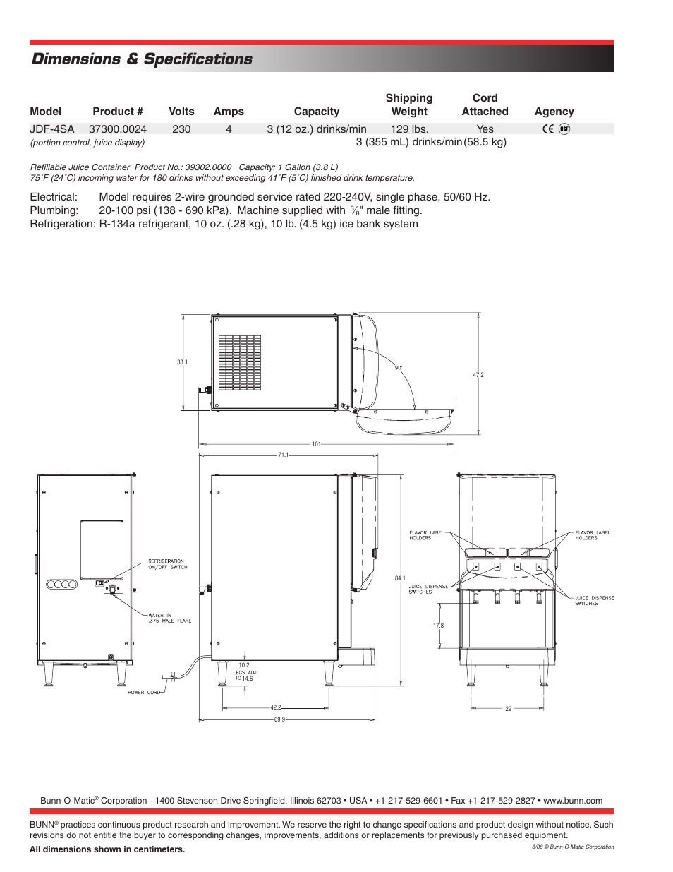 Dimensions & specifications | Bunn JDF-4S User Manual | Page 2 / 2