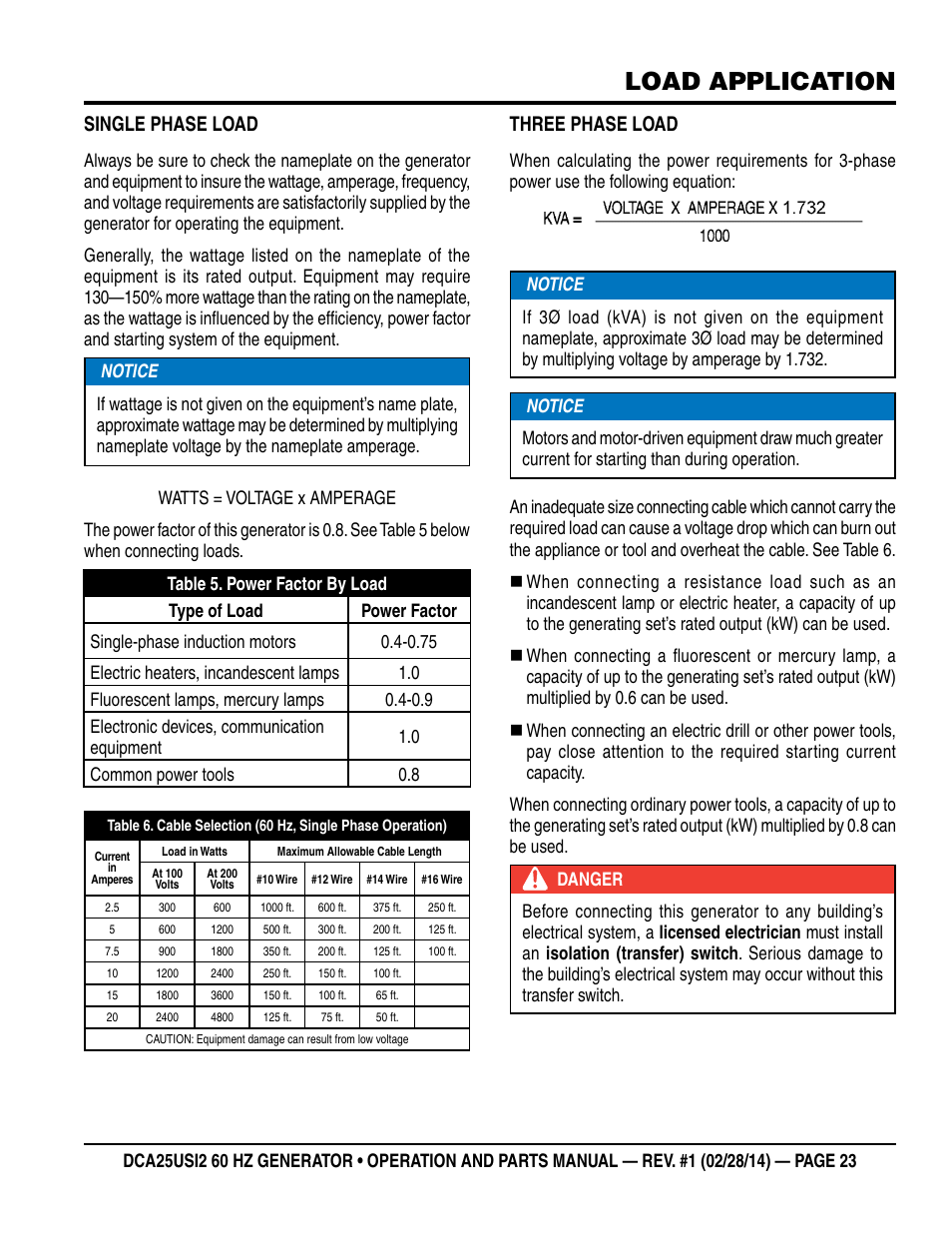 Load application, Single phase load, Three phase load | Multiquip DCA25USI2 User Manual | Page 23 / 80