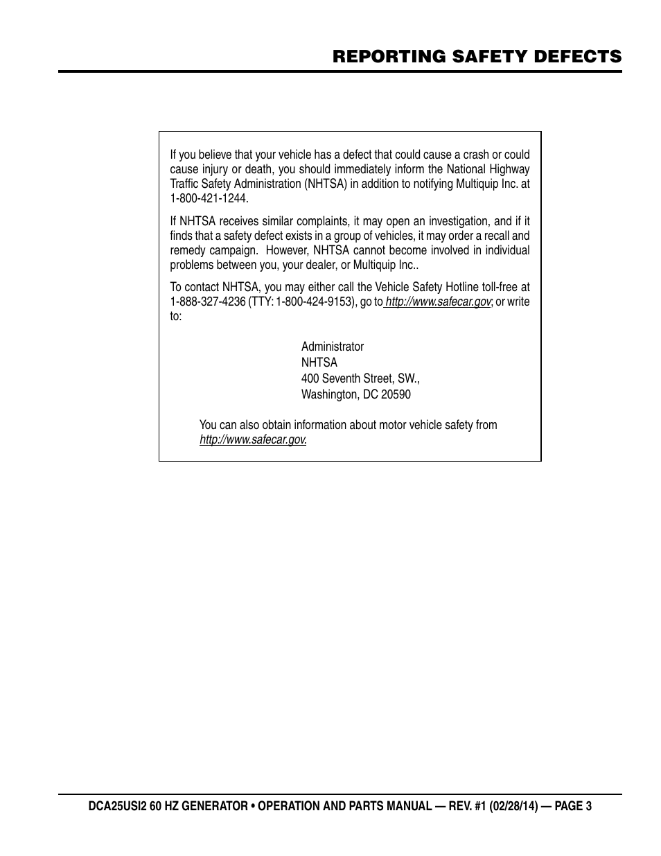 Reporting safety defects | Multiquip DCA25USI2 User Manual | Page 3 / 80