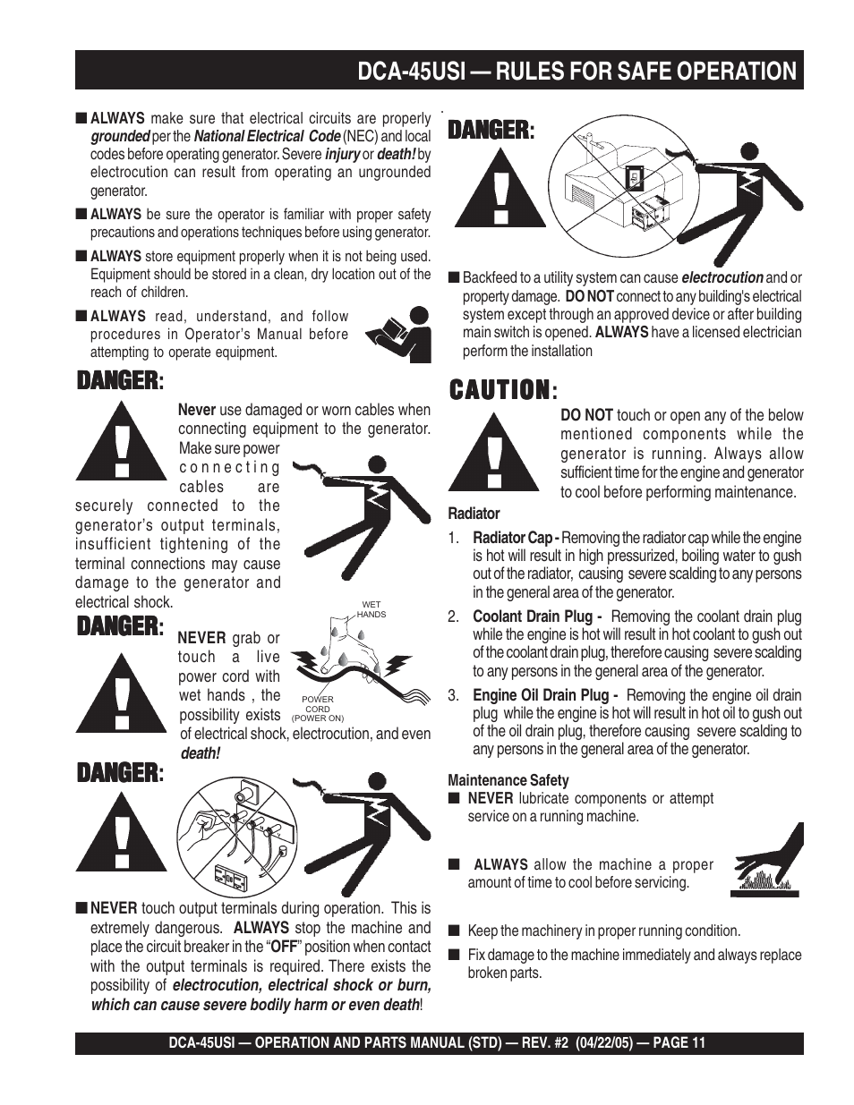Dca-45usi — rules for safe operation, Caution, Caution caution | Danger, Danger danger: danger danger danger danger danger | Multiquip DCA45USI User Manual | Page 11 / 82