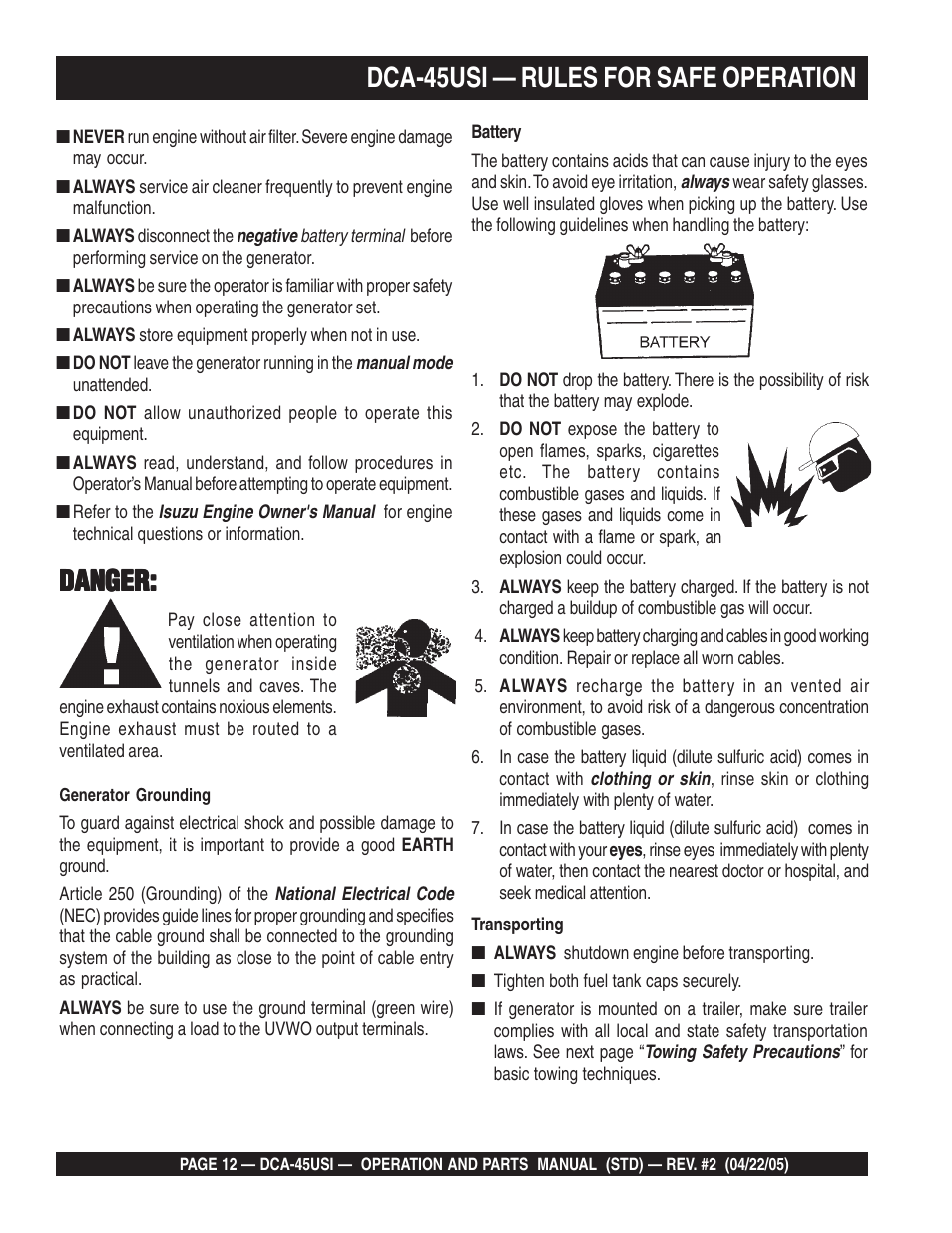Dca-45usi — rules for safe operation, Danger | Multiquip DCA45USI User Manual | Page 12 / 82