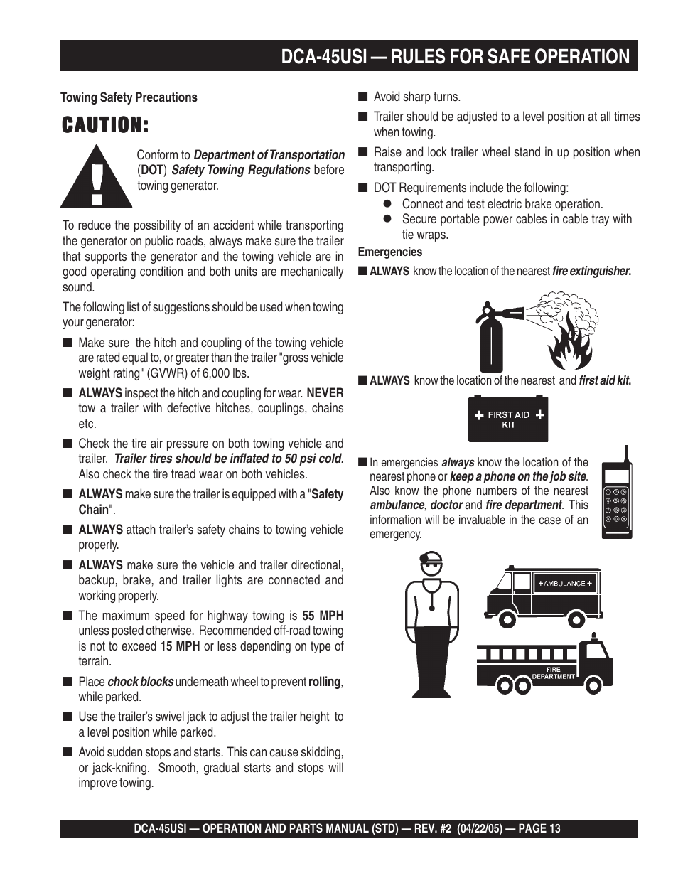 Caution, Dca-45usi — rules for safe operation | Multiquip DCA45USI User Manual | Page 13 / 82