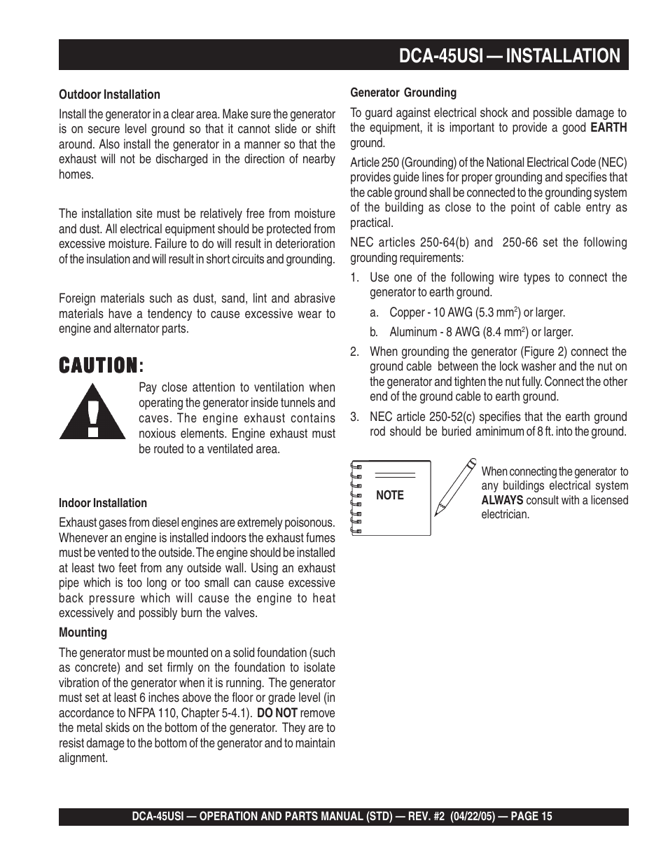 Caution, Caution caution, Dca-45usi — installation | Multiquip DCA45USI User Manual | Page 15 / 82