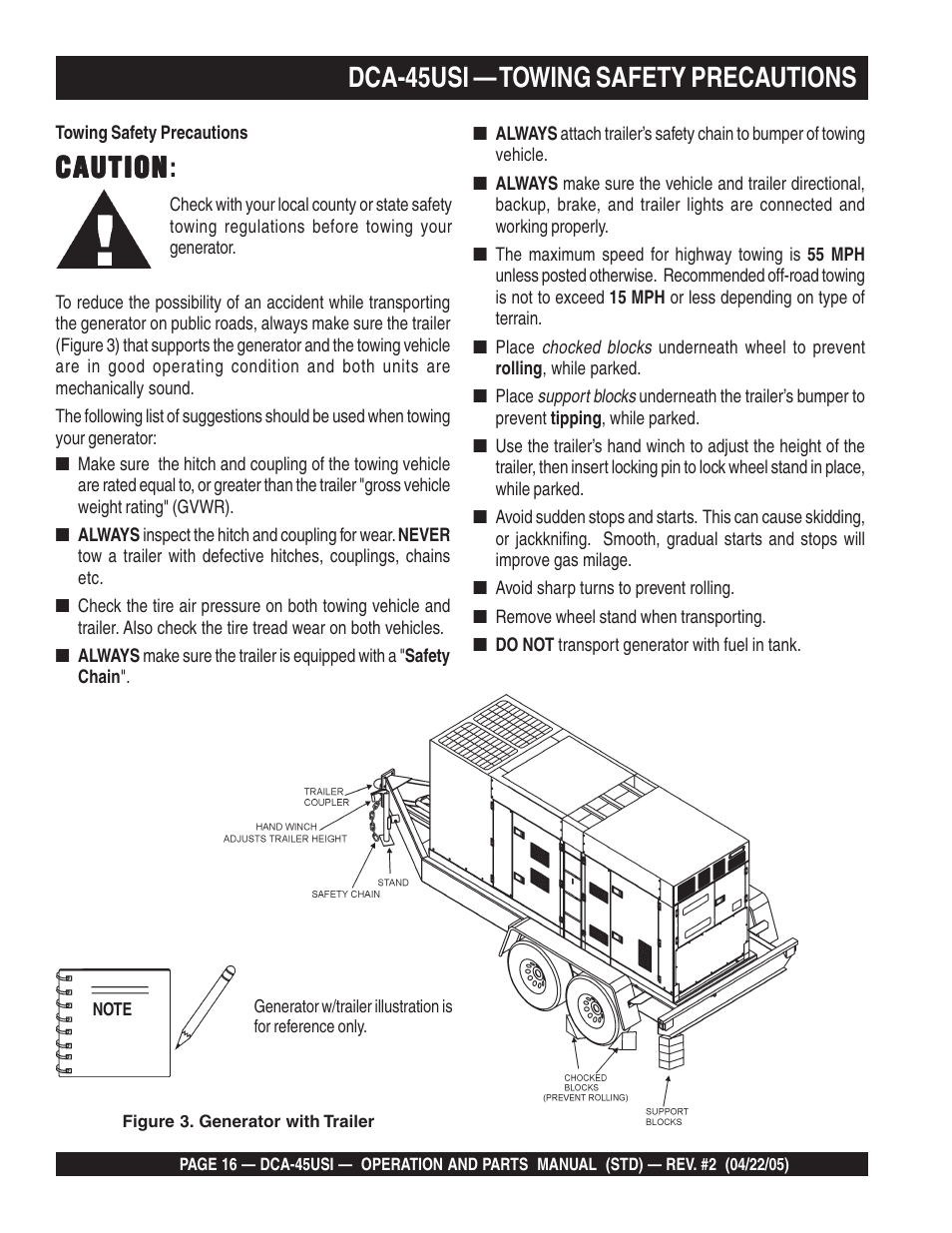 Caution, Caution caution, Dca-45usi — towing safety precautions | Multiquip DCA45USI User Manual | Page 16 / 82
