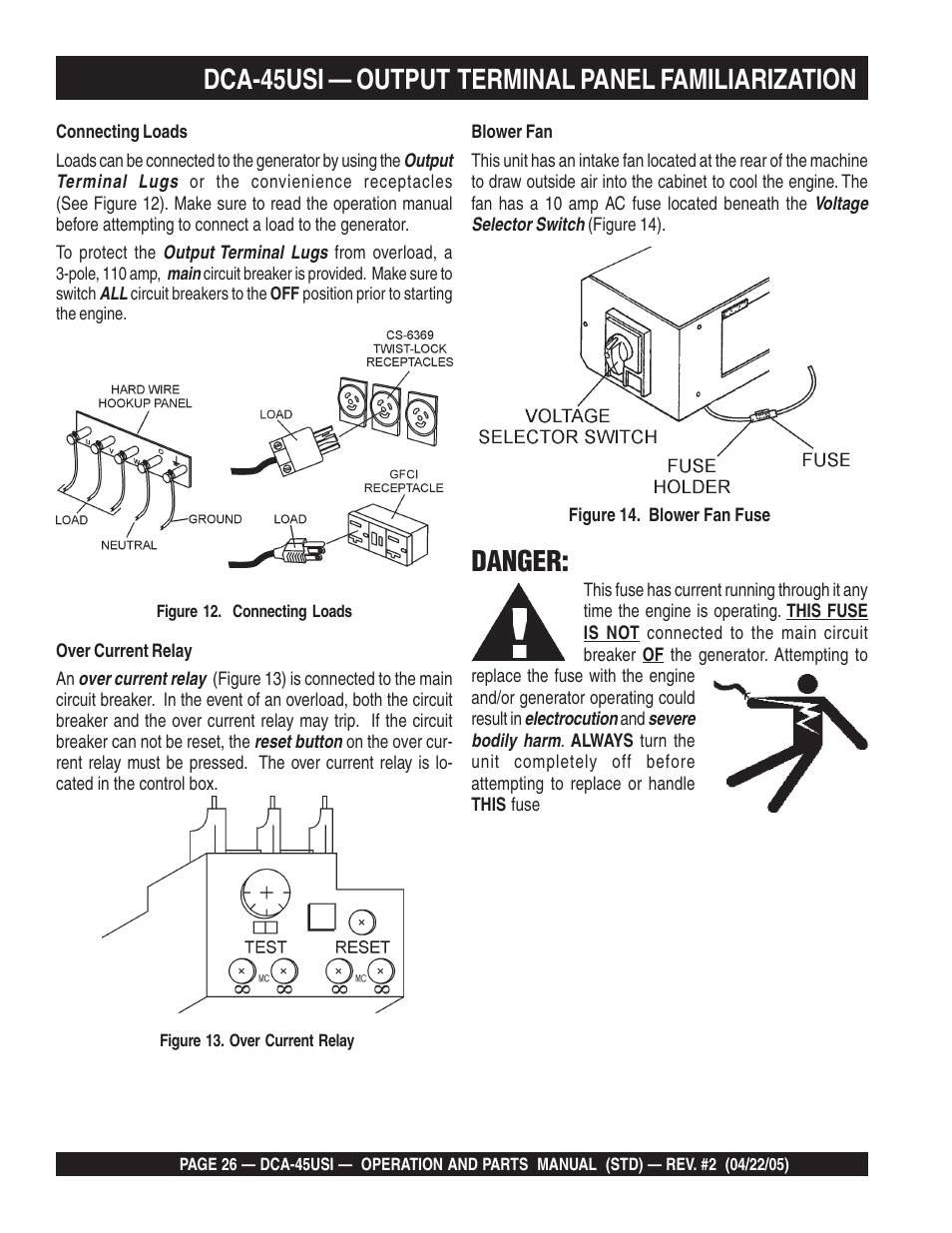 Dca-45usi — output terminal panel familiarization, Danger | Multiquip DCA45USI User Manual | Page 26 / 82
