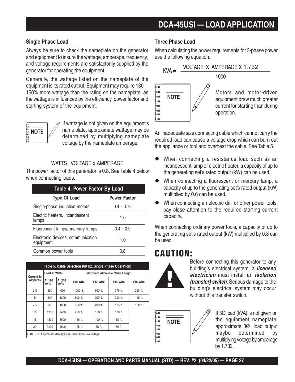 Dca-45usi — load application, Caution | Multiquip DCA45USI User Manual | Page 27 / 82