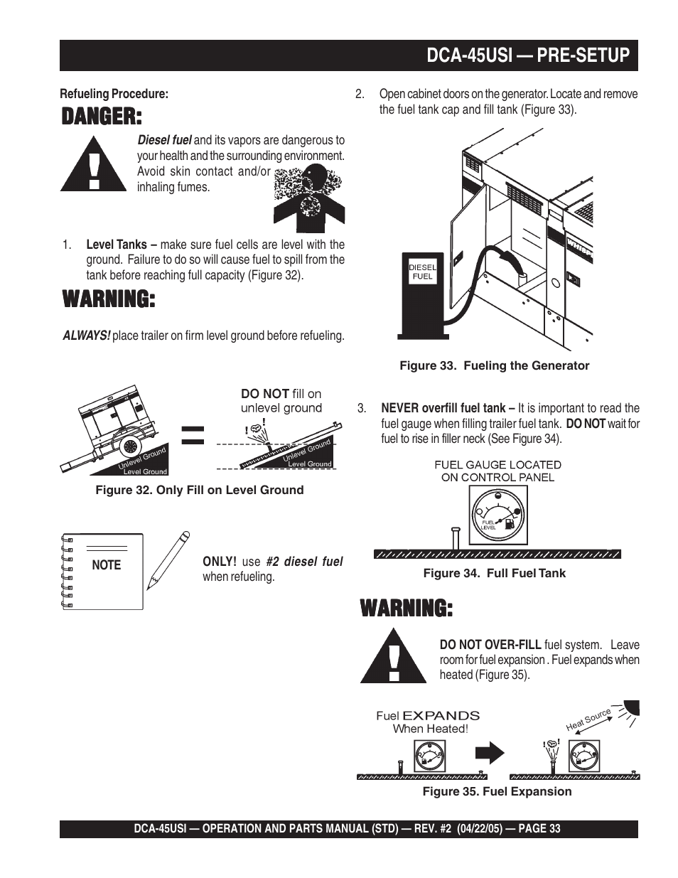 Danger, Warning, Dca-45usi — pre-setup | Multiquip DCA45USI User Manual | Page 33 / 82