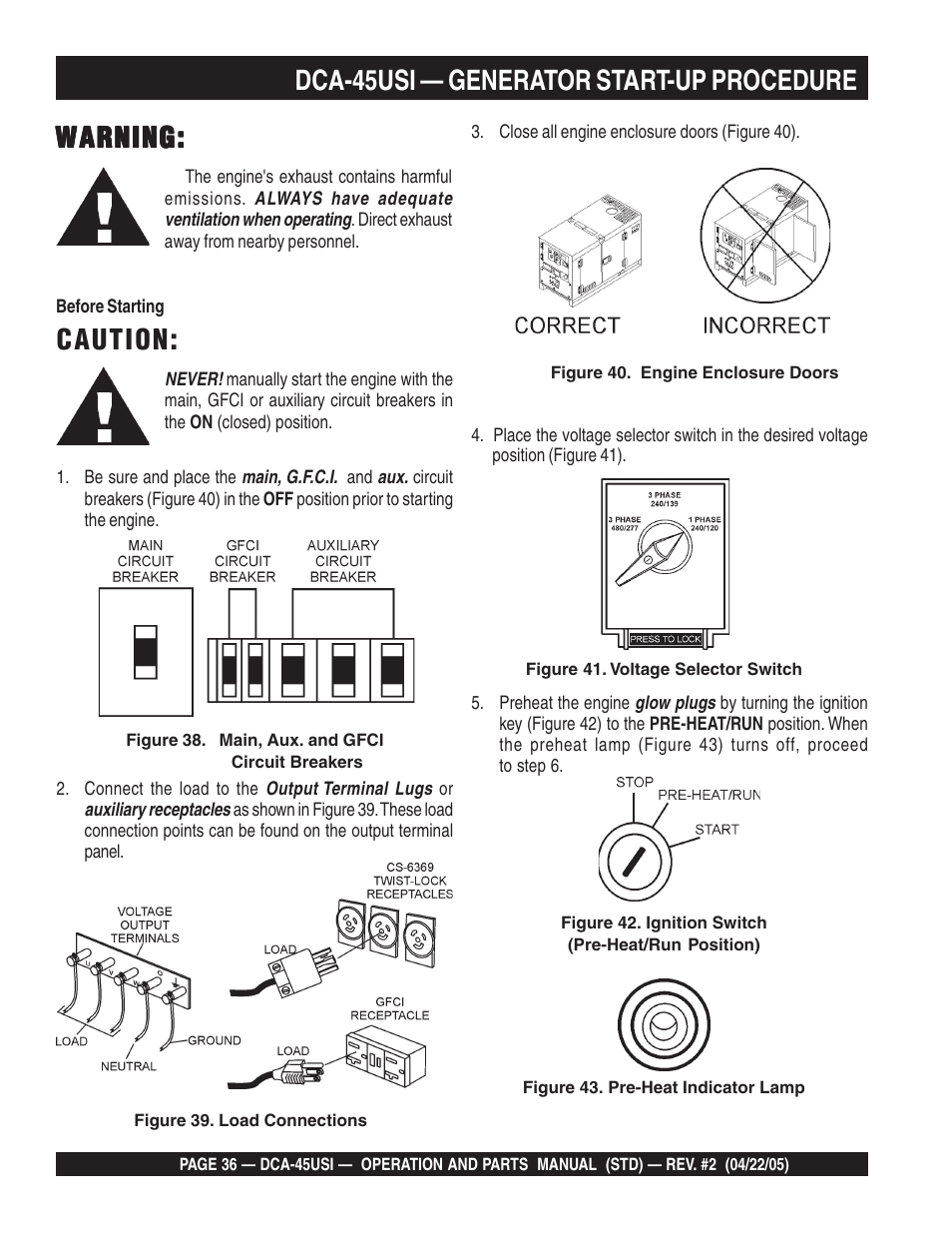 Warning, Dca-45usi — generator start-up procedure, Caution | Multiquip DCA45USI User Manual | Page 36 / 82
