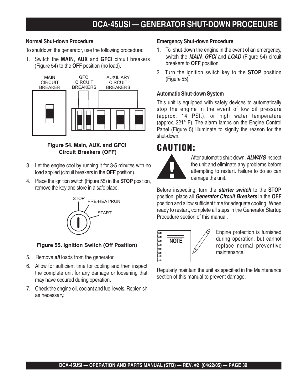 Dca-45usi — generator shut-down procedure, Caution | Multiquip DCA45USI User Manual | Page 39 / 82