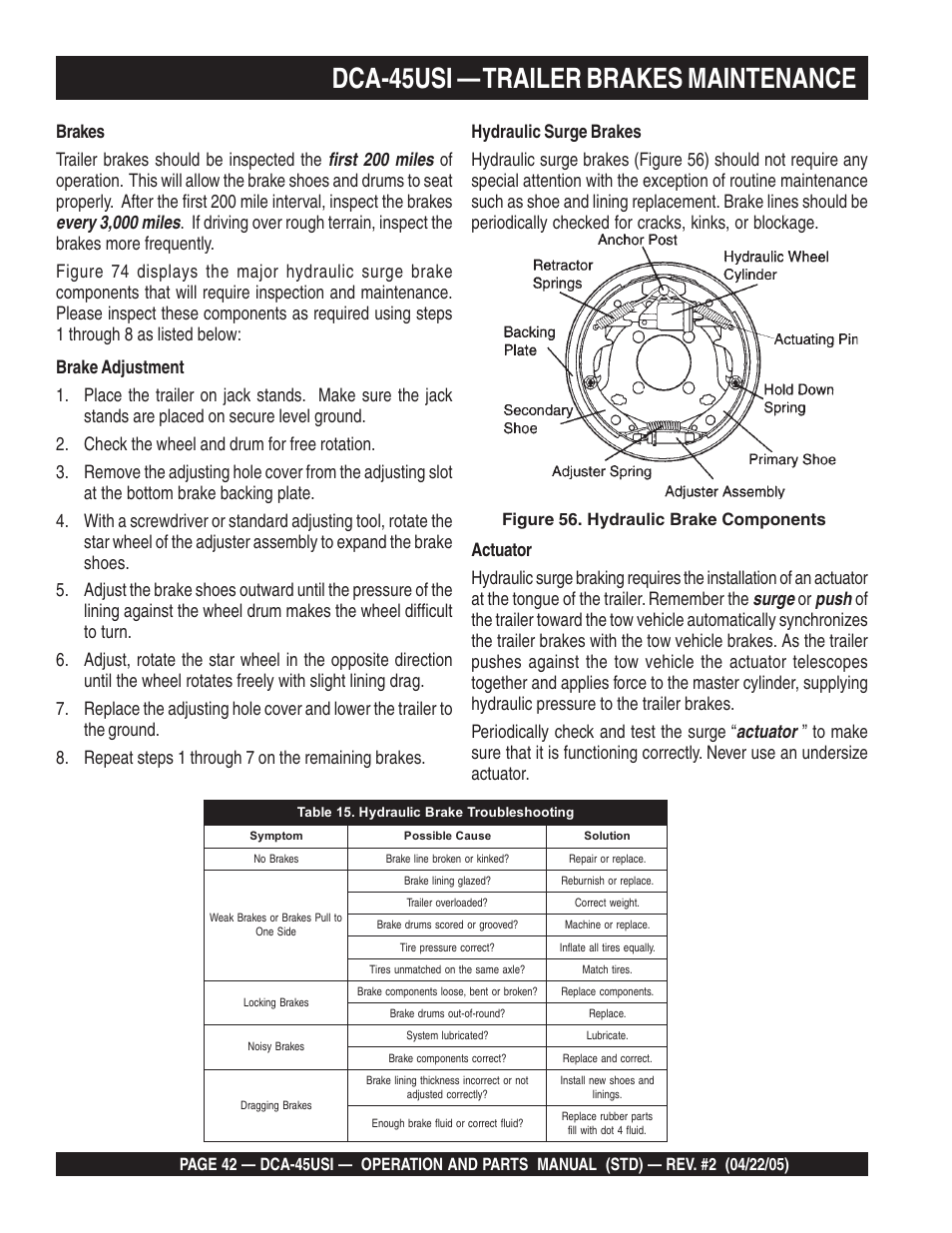 Dca-45usi — trailer brakes maintenance, Figure 56. hydraulic brake components | Multiquip DCA45USI User Manual | Page 42 / 82