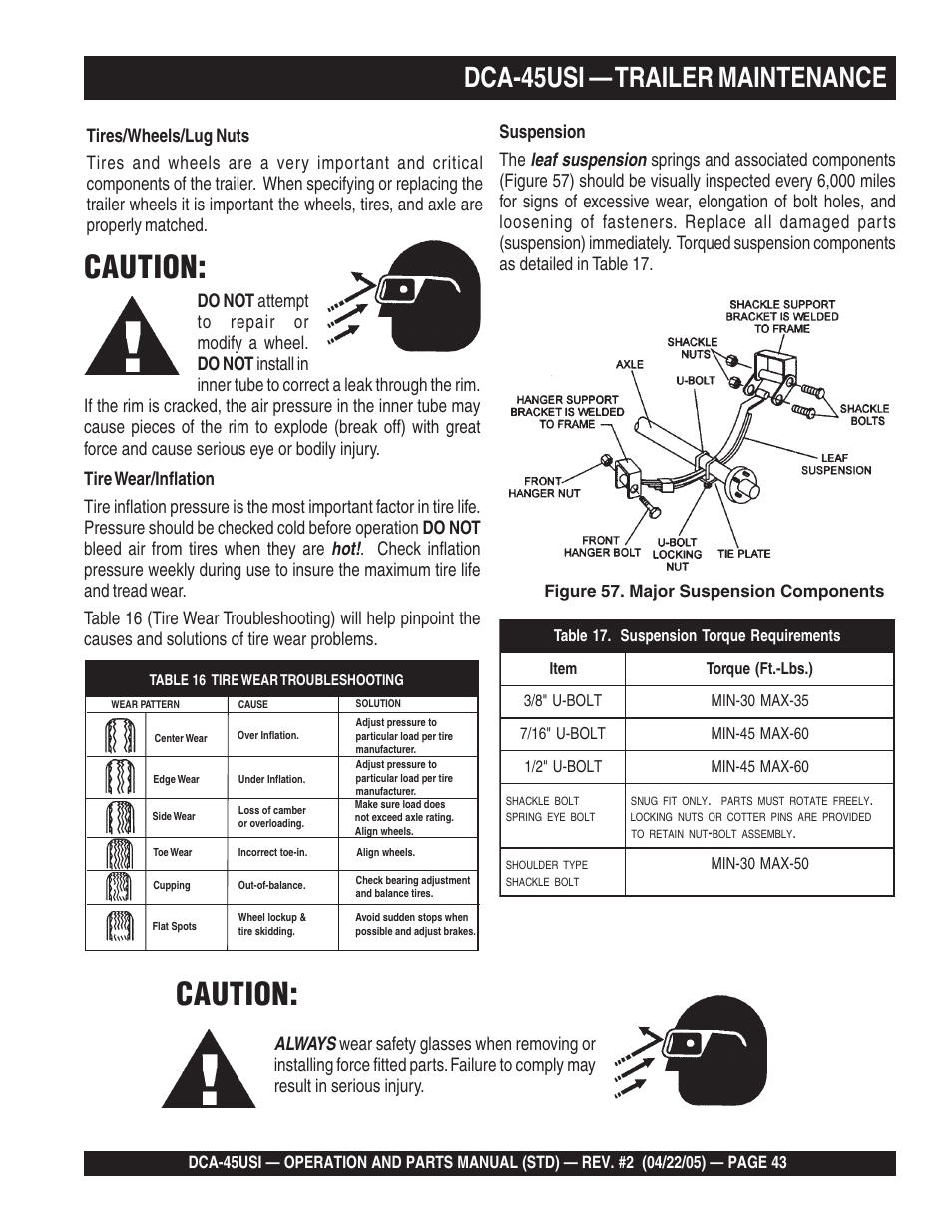 Caution, Dca-45usi — trailer maintenance | Multiquip DCA45USI User Manual | Page 43 / 82