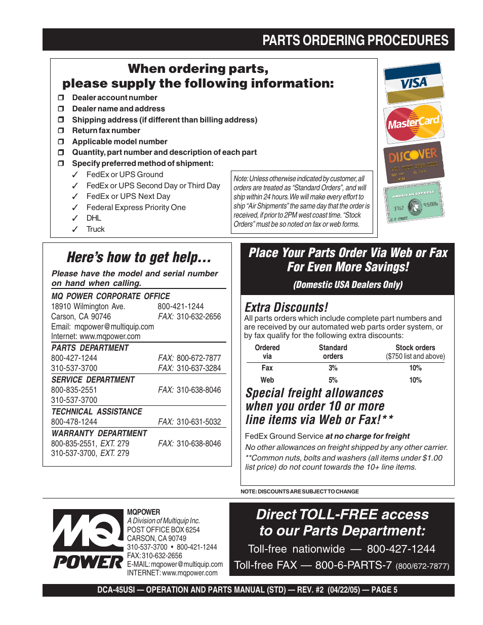 Parts ordering procedures, Here’s how to get help, Direct toll-free access to our parts department | Extra discounts | Multiquip DCA45USI User Manual | Page 5 / 82