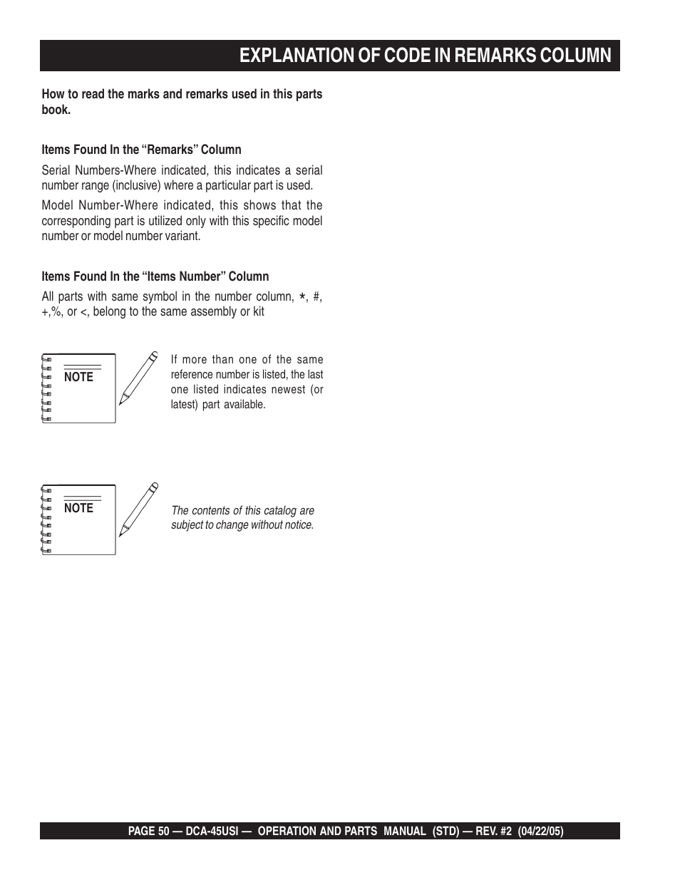 Explanation of code in remarks column | Multiquip DCA45USI User Manual | Page 50 / 82