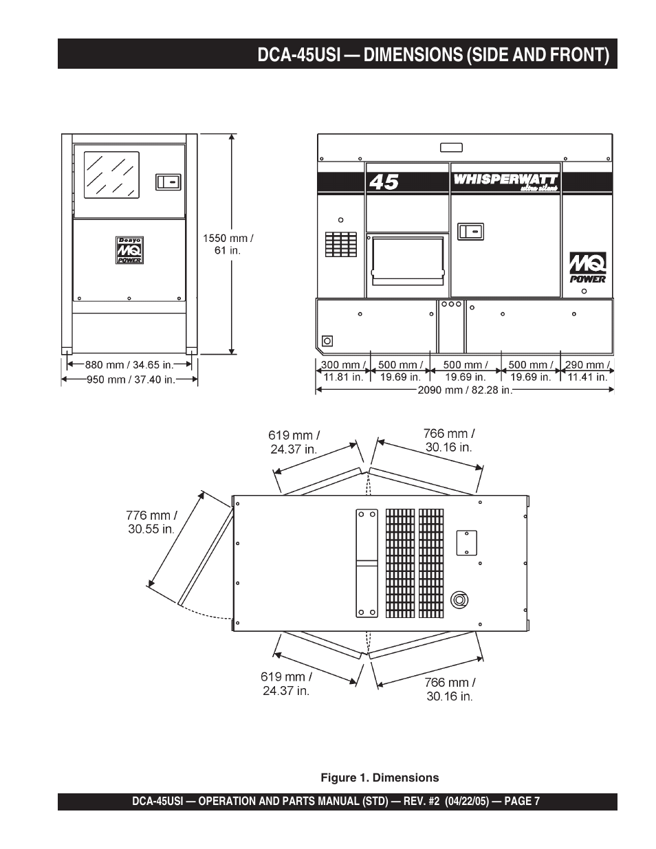 Dca-45usi — dimensions (side and front) | Multiquip DCA45USI User Manual | Page 7 / 82