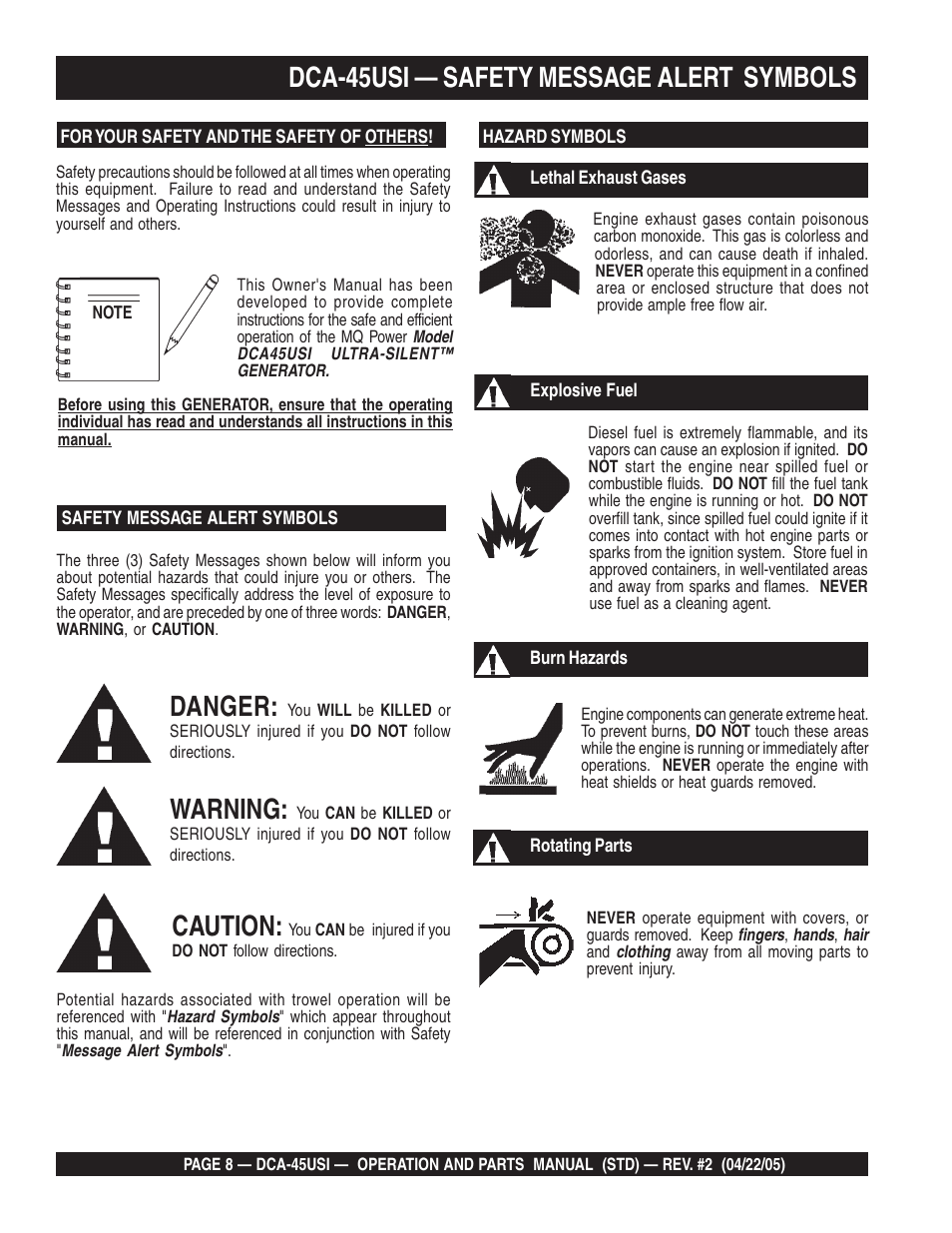 Dca-45usi — safety message alert symbols, Danger, Warning | Caution | Multiquip DCA45USI User Manual | Page 8 / 82