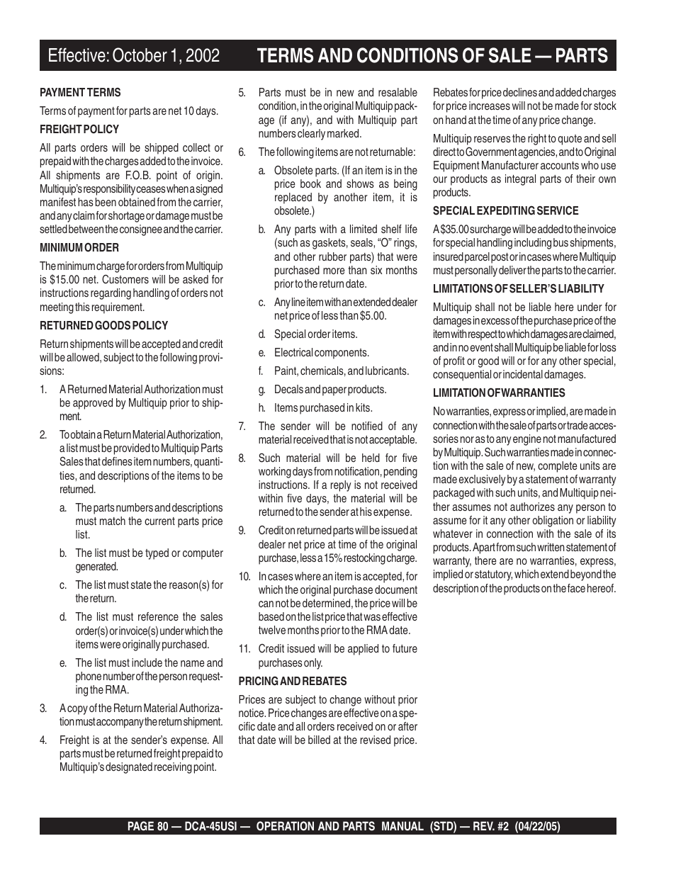 Terms and conditions of sale — parts | Multiquip DCA45USI User Manual | Page 80 / 82