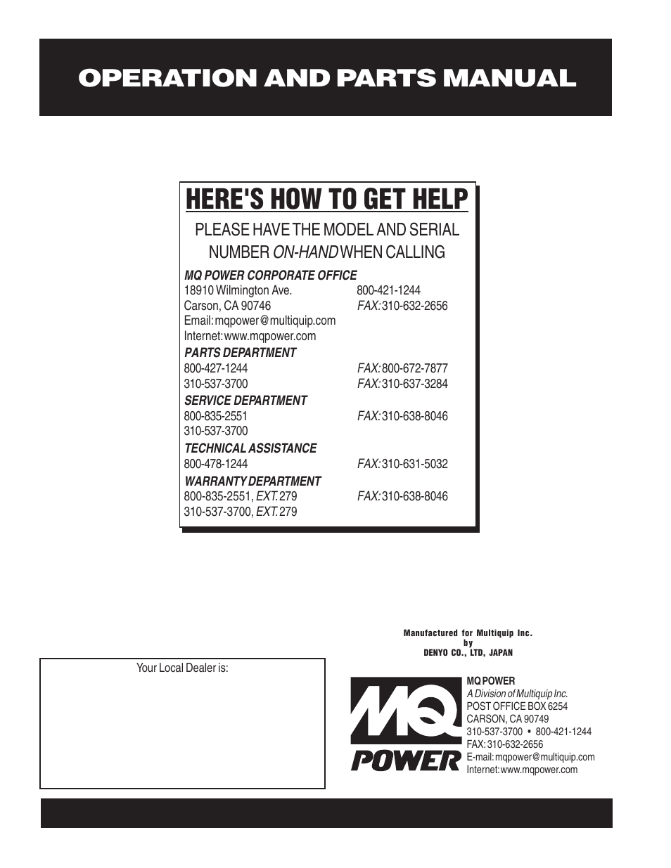 Here's how to get help, On-hand, Please have the model and serial number | When calling | Multiquip DCA45USI User Manual | Page 82 / 82