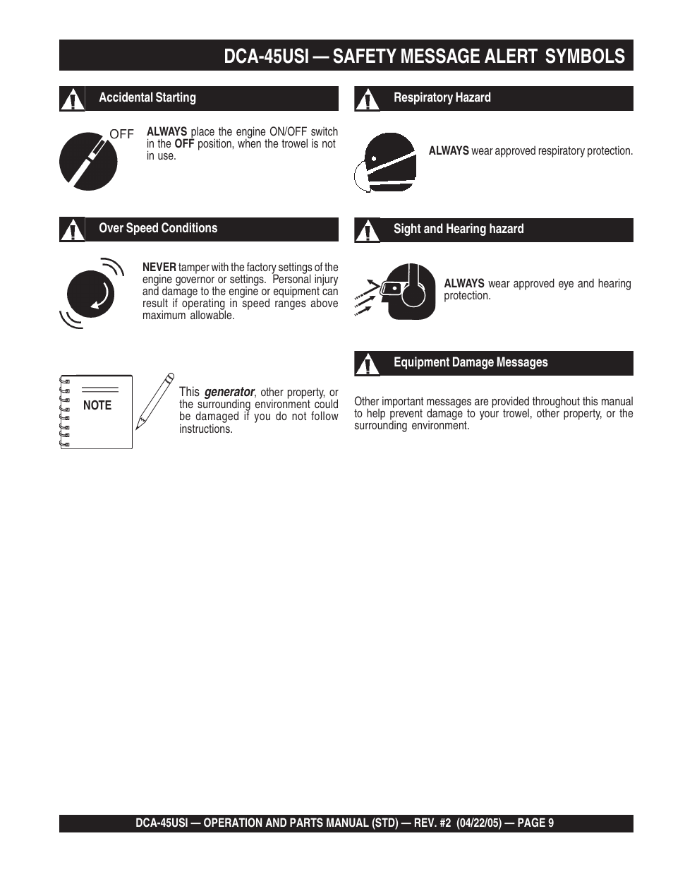 Dca-45usi — safety message alert symbols | Multiquip DCA45USI User Manual | Page 9 / 82
