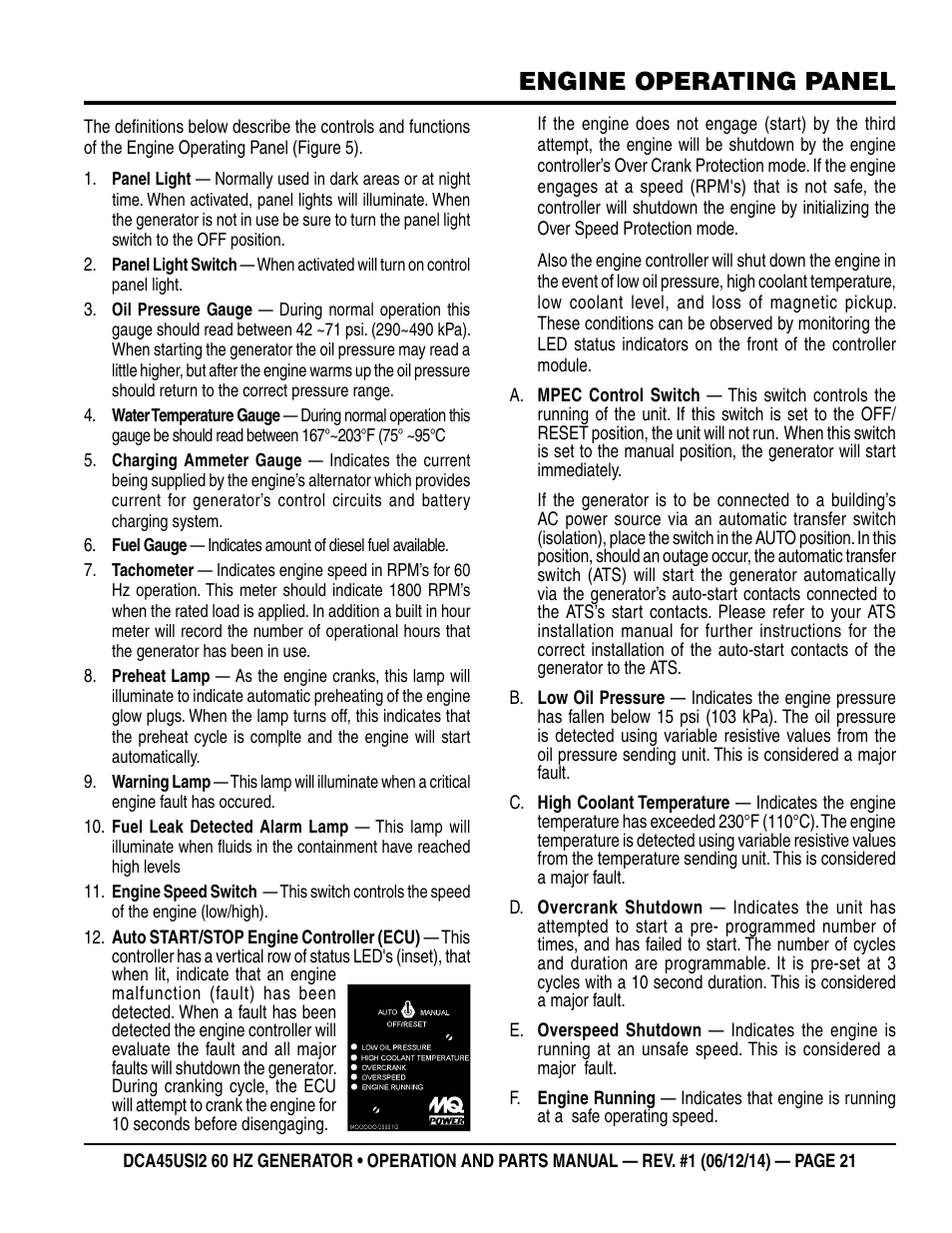 Engine operating panel | Multiquip DCA45USI2 User Manual | Page 21 / 82