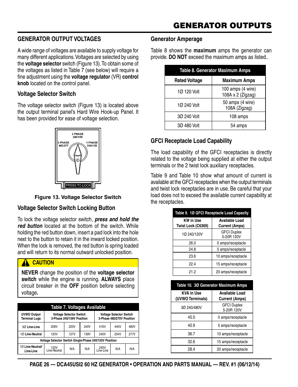 Generator outputs, Generator output voltages, Voltage selector switch | Voltage selector switch locking button, Generator amperage, Gfci receptacle load capability | Multiquip DCA45USI2 User Manual | Page 26 / 82