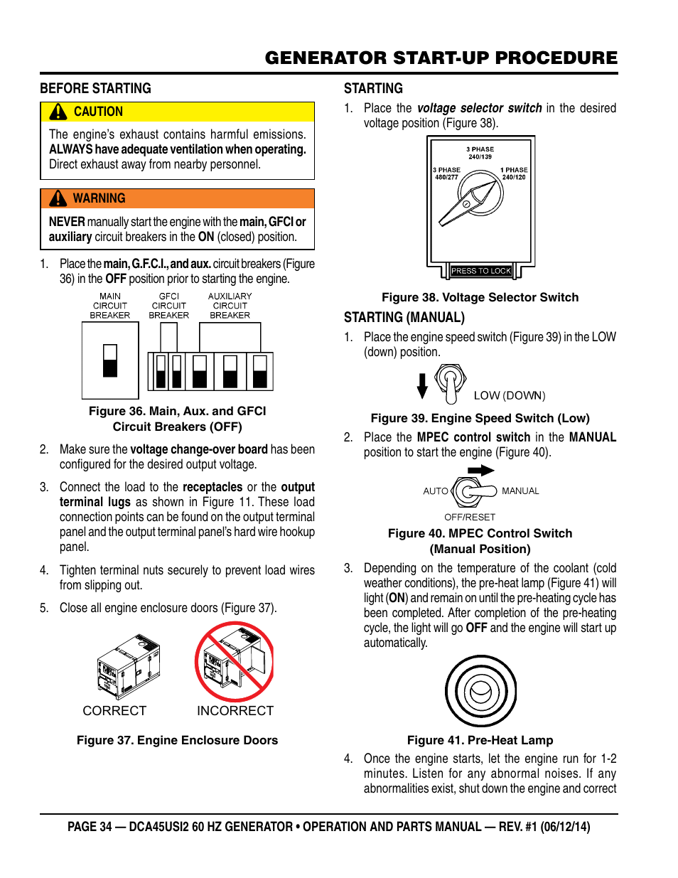 Generator start-up procedure | Multiquip DCA45USI2 User Manual | Page 34 / 82