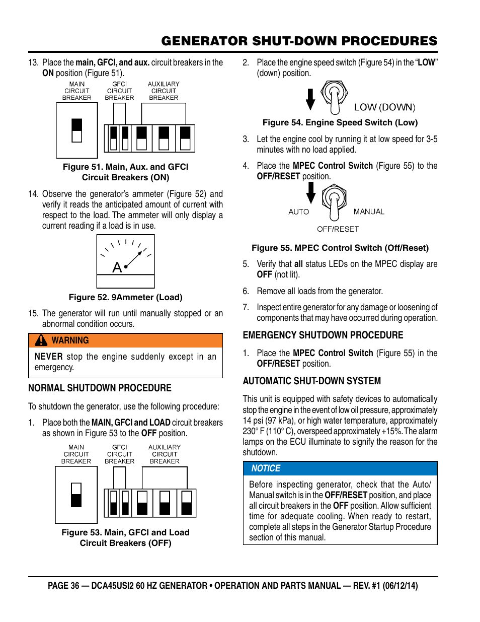 Generator shut-down procedures | Multiquip DCA45USI2 User Manual | Page 36 / 82