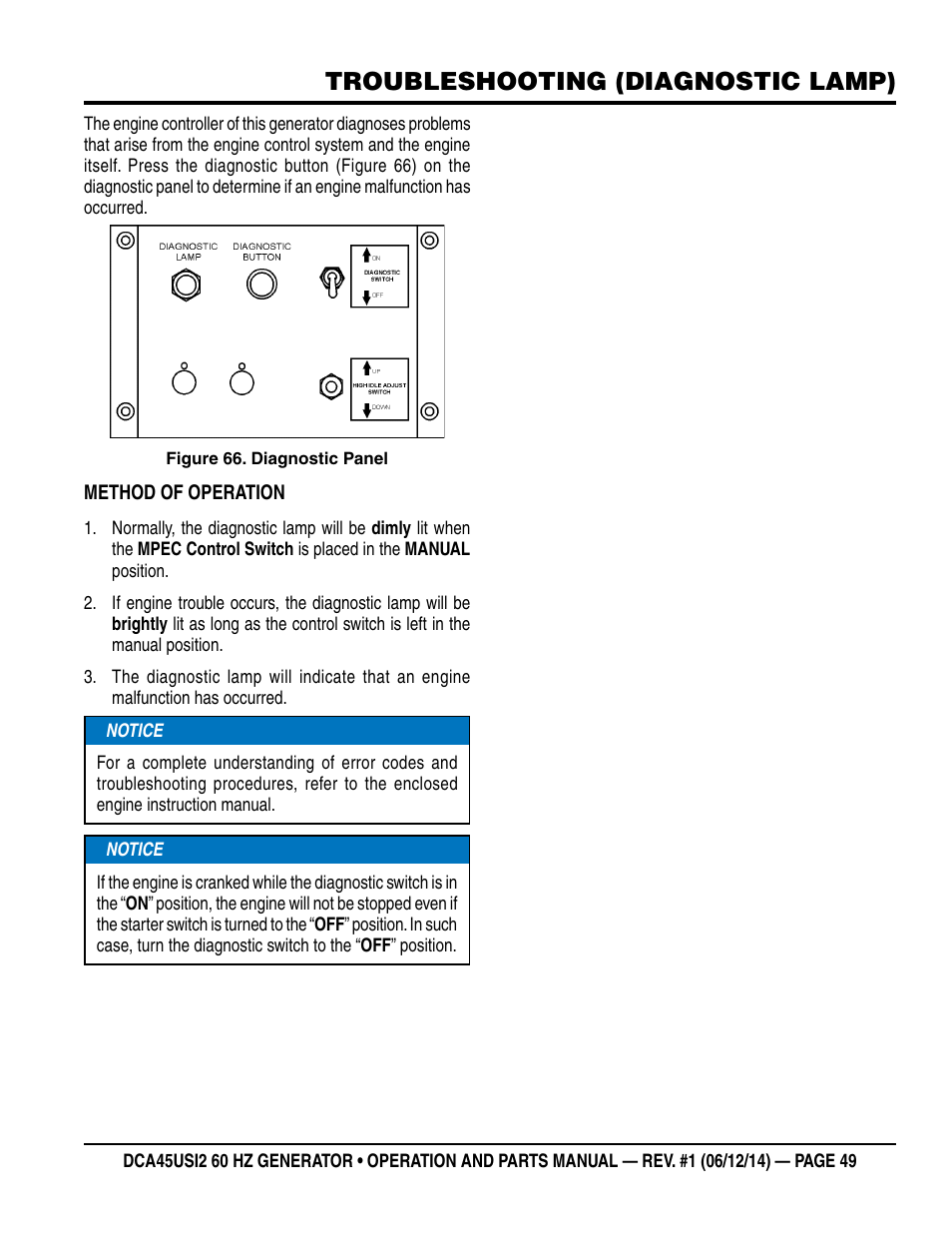 Troubleshooting (diagnostic lamp) | Multiquip DCA45USI2 User Manual | Page 49 / 82