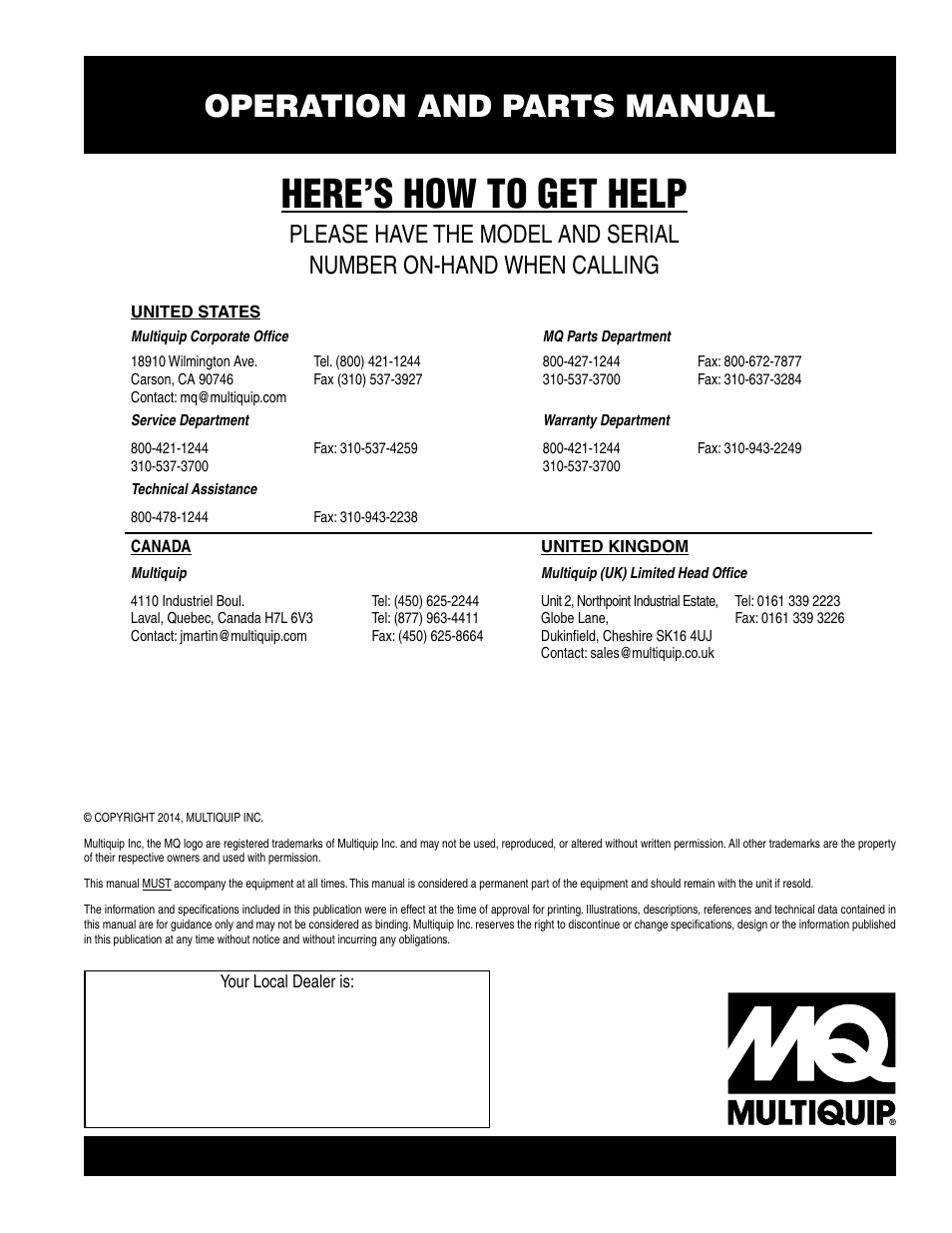 Here’s how to get help, Operation and parts manual | Multiquip DCA45USI2 User Manual | Page 82 / 82