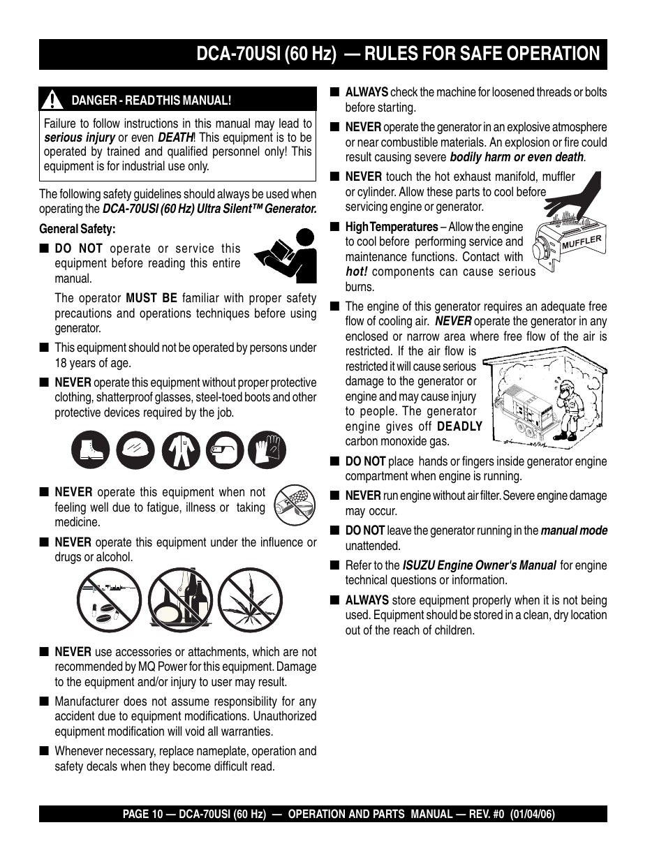 Dca-70usi (60 hz) — rules for safe operation | Multiquip DCA70USI User Manual | Page 10 / 84