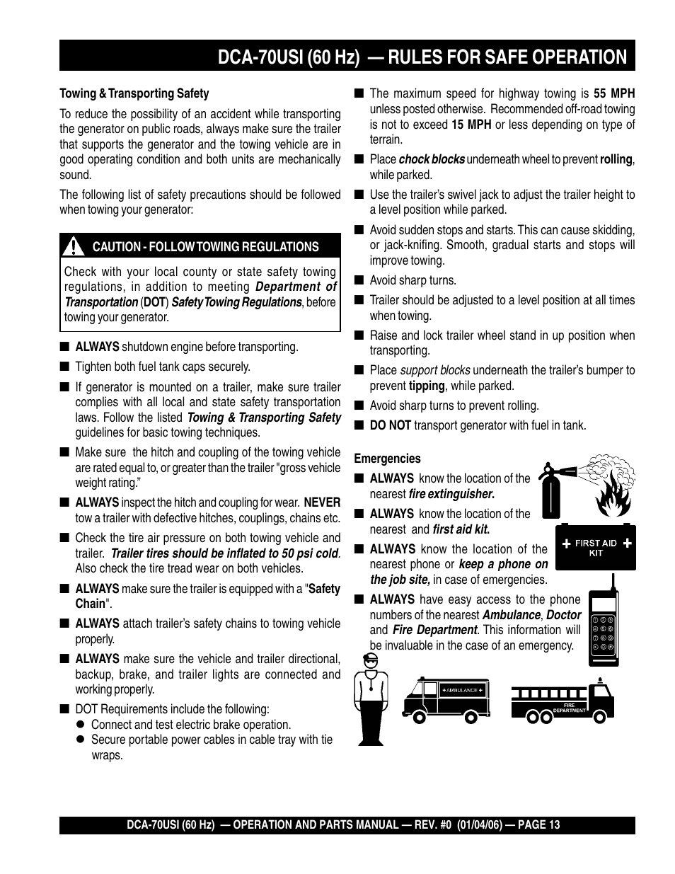 Dca-70usi (60 hz) — rules for safe operation | Multiquip DCA70USI User Manual | Page 13 / 84