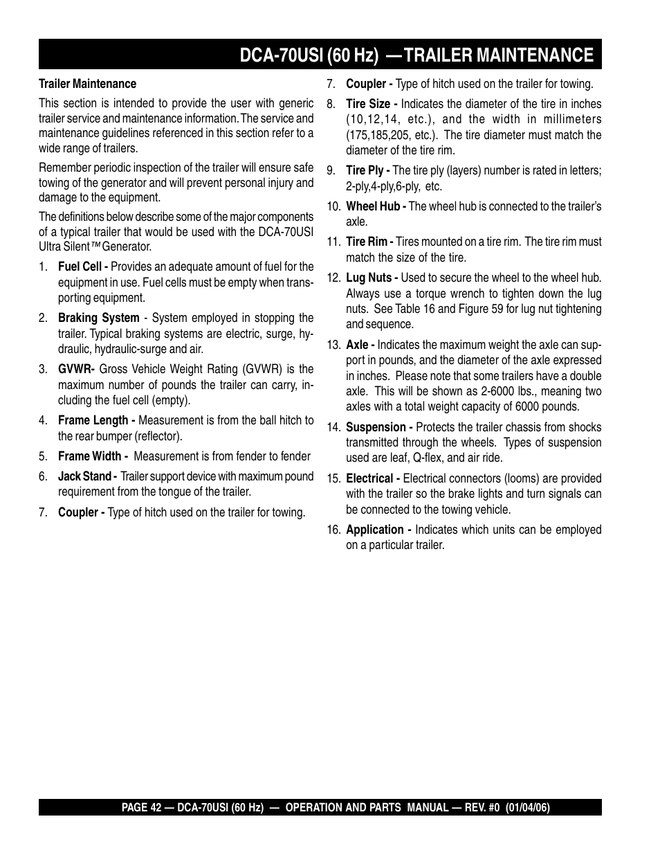 Dca-70usi (60 hz) — trailer maintenance | Multiquip DCA70USI User Manual | Page 42 / 84