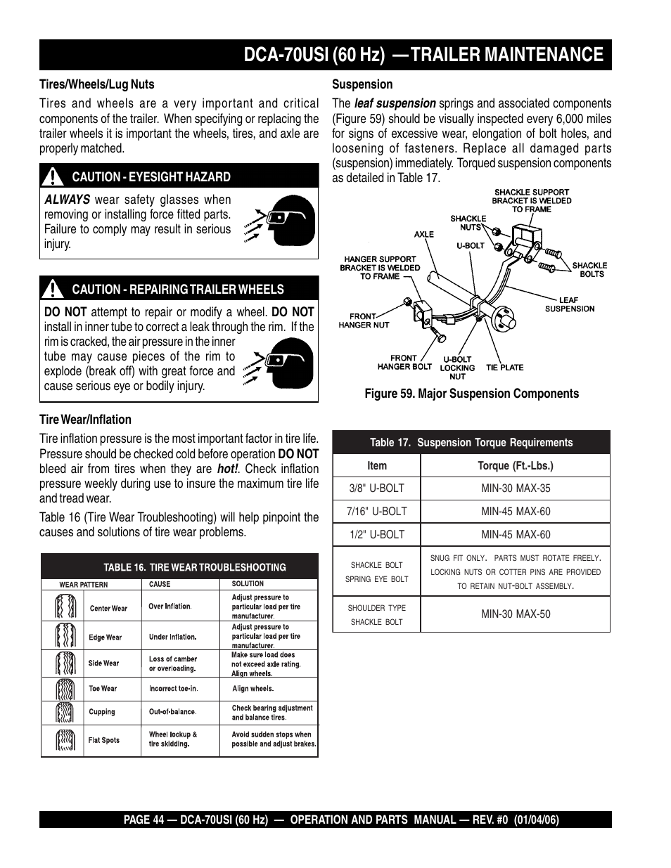 Dca-70usi (60 hz) — trailer maintenance | Multiquip DCA70USI User Manual | Page 44 / 84