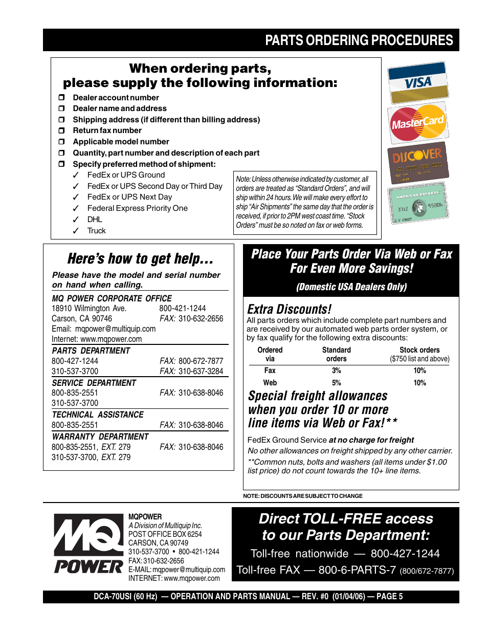 Here’s how to get help, Direct toll-free access to our parts department, Parts ordering procedures | Extra discounts | Multiquip DCA70USI User Manual | Page 5 / 84
