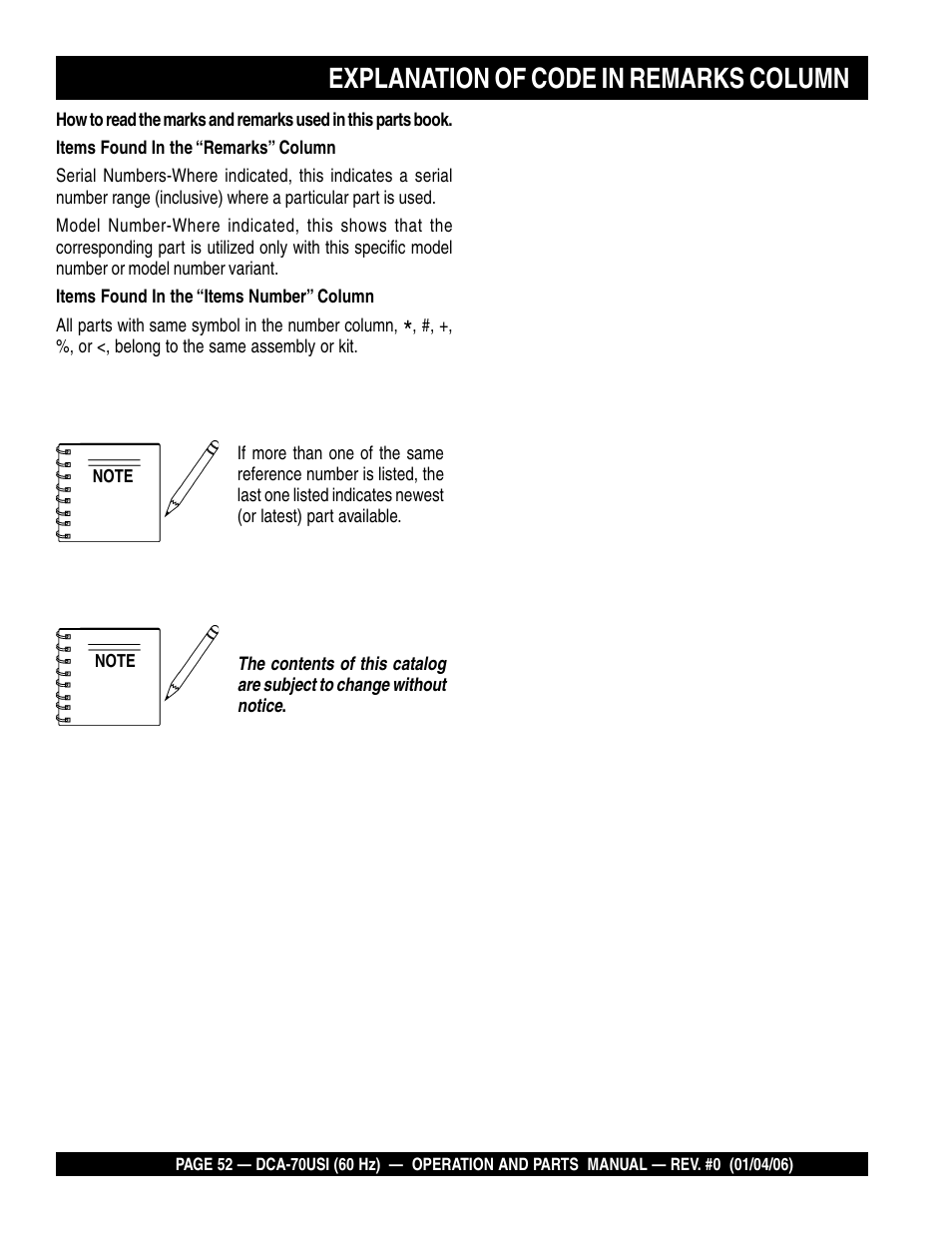 Explanation of code in remarks column | Multiquip DCA70USI User Manual | Page 52 / 84