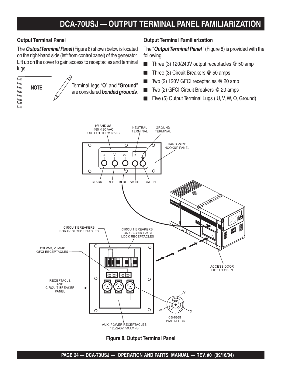 Dca-70usj — output terminal panel familiarization | Multiquip DCA70USJ User Manual | Page 24 / 86