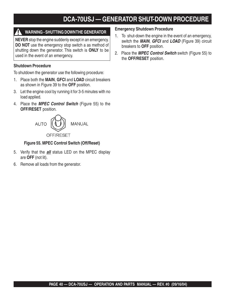 Dca-70usj — generator shut-down procedure | Multiquip DCA70USJ User Manual | Page 40 / 86