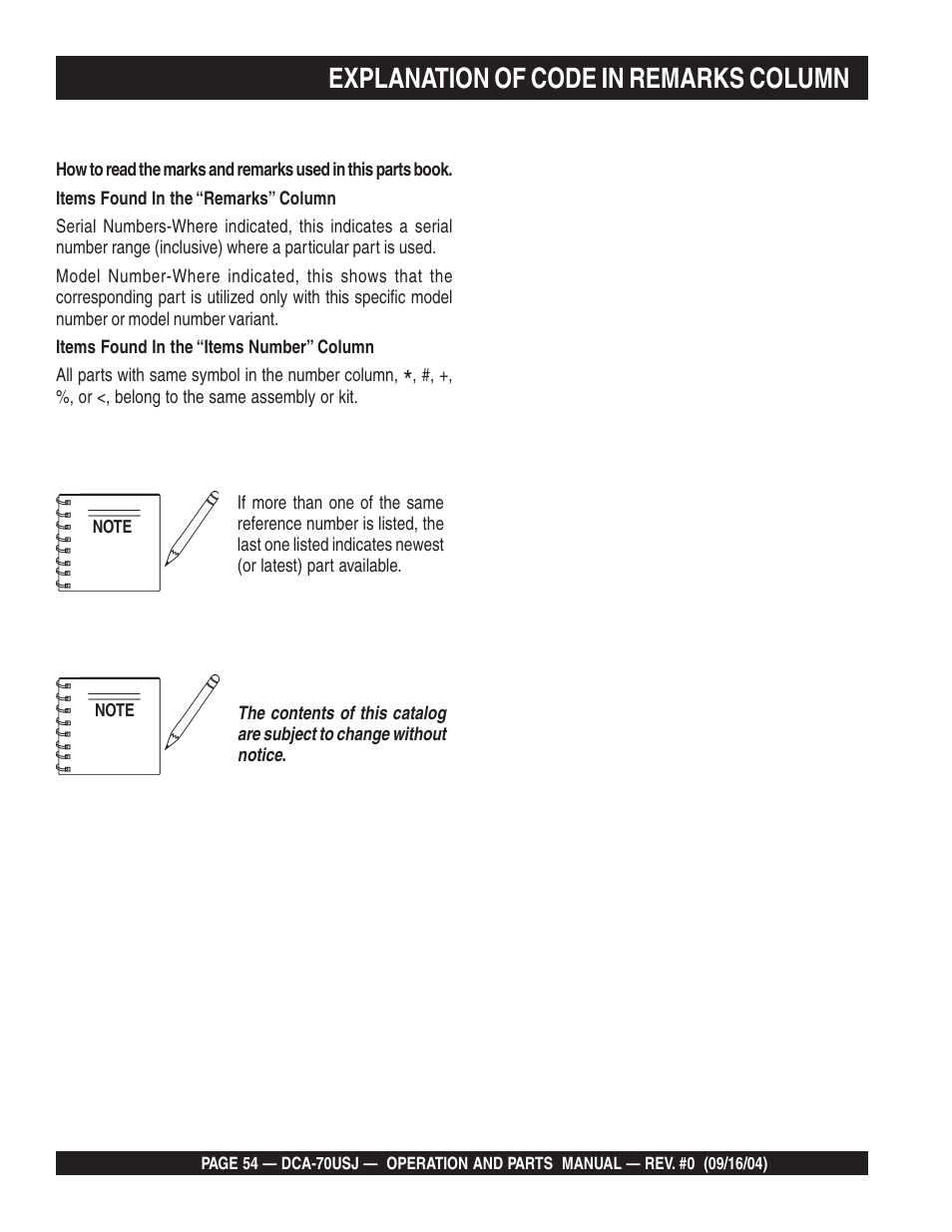 Explanation of code in remarks column | Multiquip DCA70USJ User Manual | Page 54 / 86