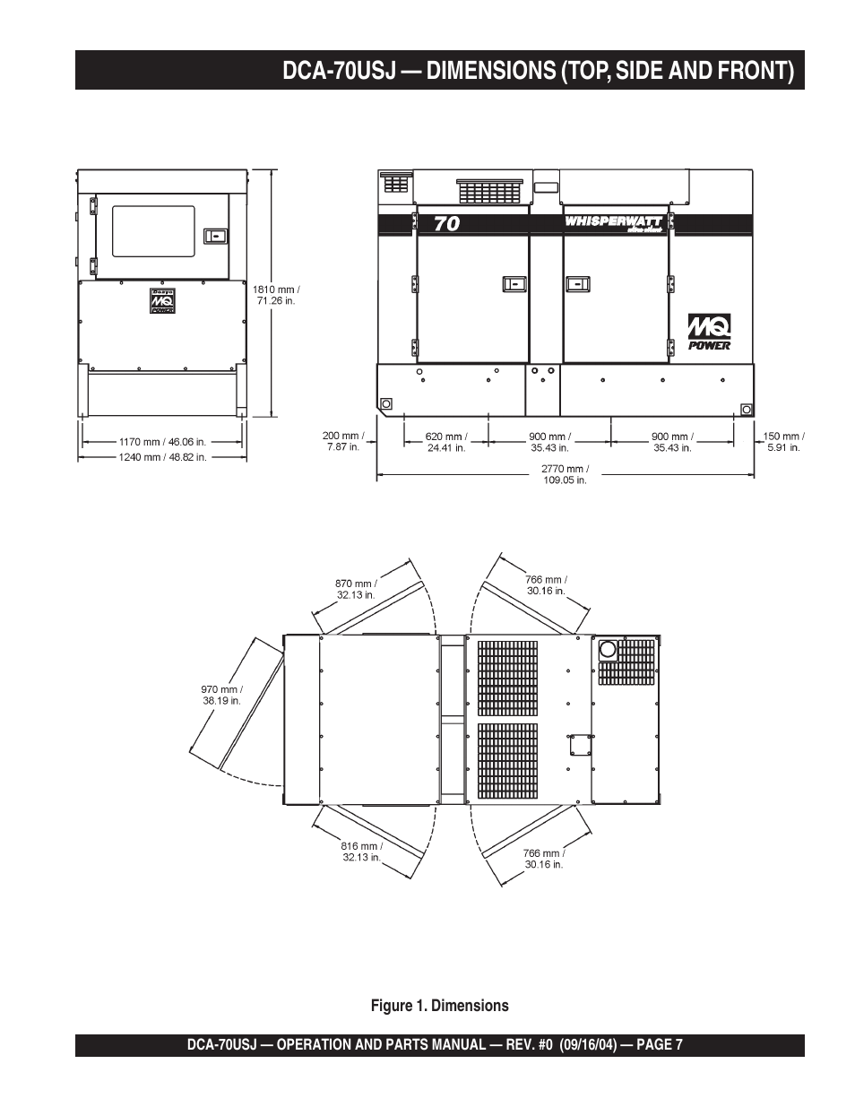 1dca-70usj — dimensions (top, side and front) | Multiquip DCA70USJ User Manual | Page 7 / 86