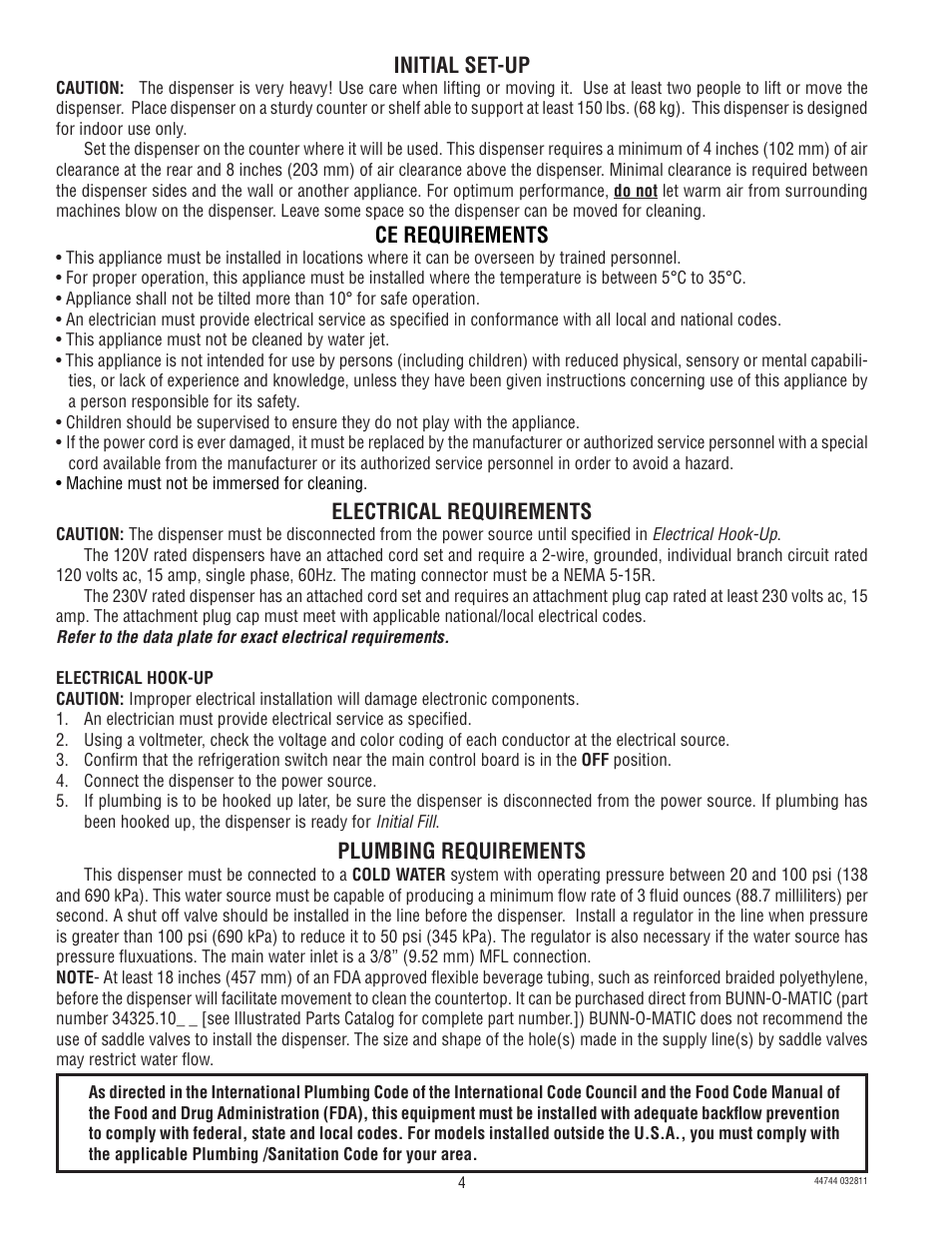 Plumbing requirements, Initial set-up, Electrical requirements | Ce requirements | Bunn JDF-2S User Manual | Page 4 / 28